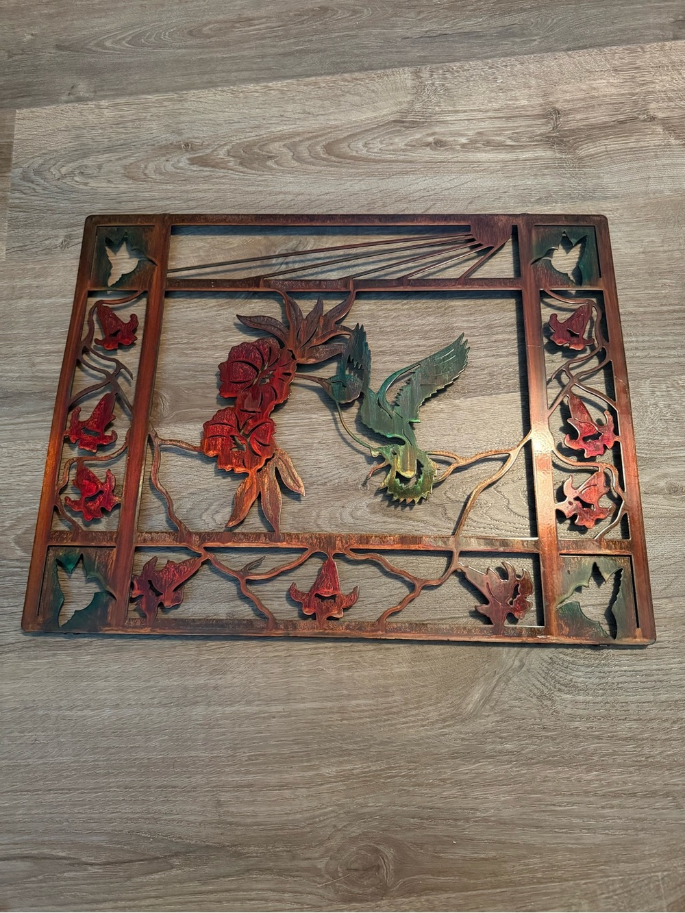 Handcrafted Wooden Hummingbird Wall Panel - Red & Green Accents